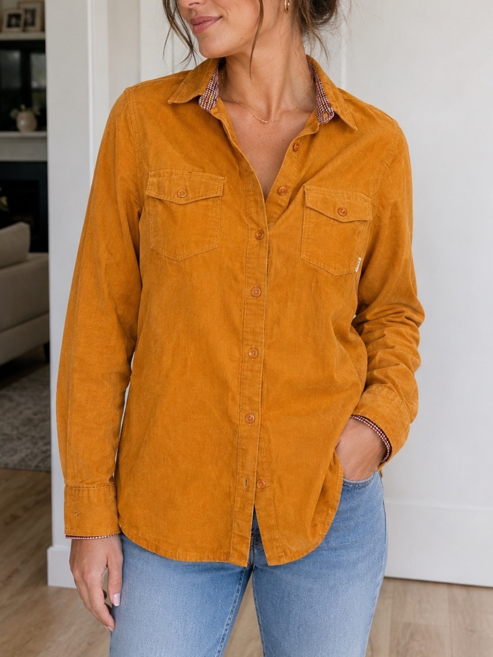 Roxy Mustard Corduroy Button-Up Shirt Women’s Medium Long Sleeve Utility Top